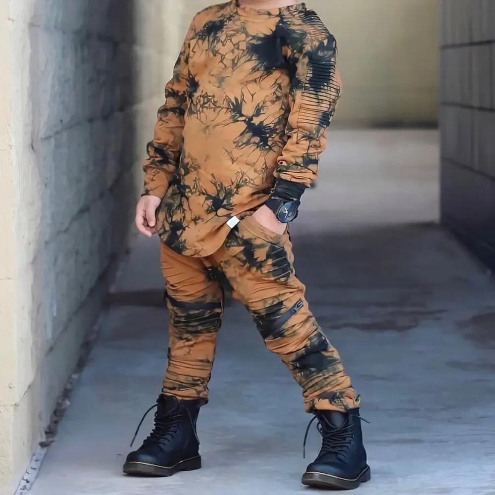 Posh Kiddos Brown & Black Tie Dye Biker Outfit Set Size 1T